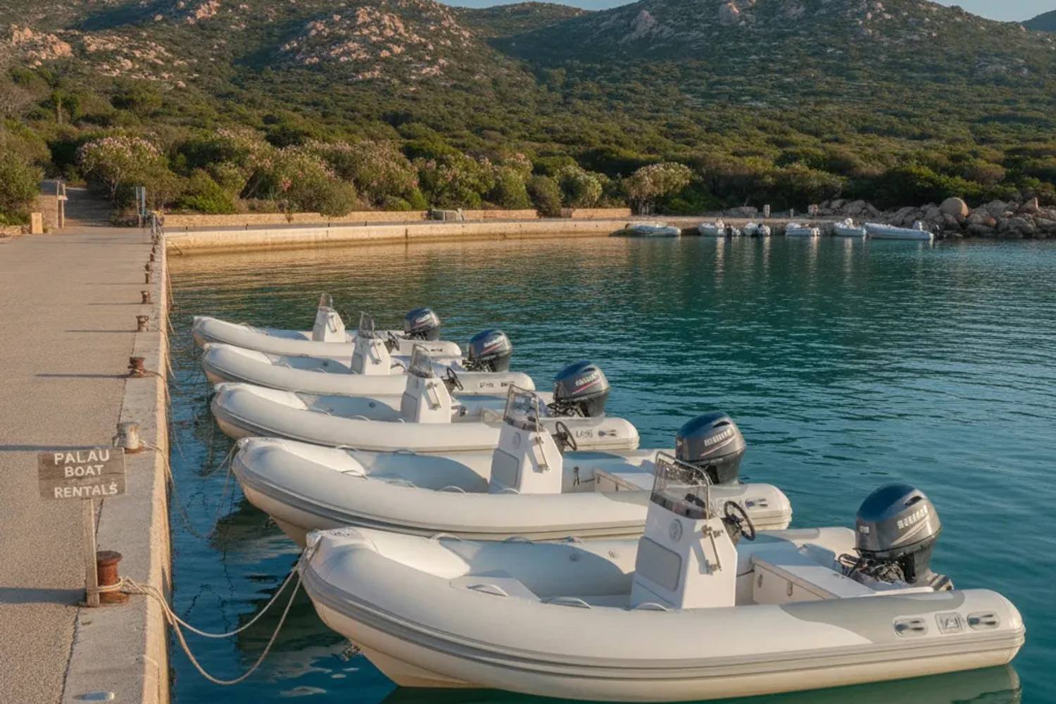 A fleet of inflatable dinghies moored at a pier in Palau, ready to rent