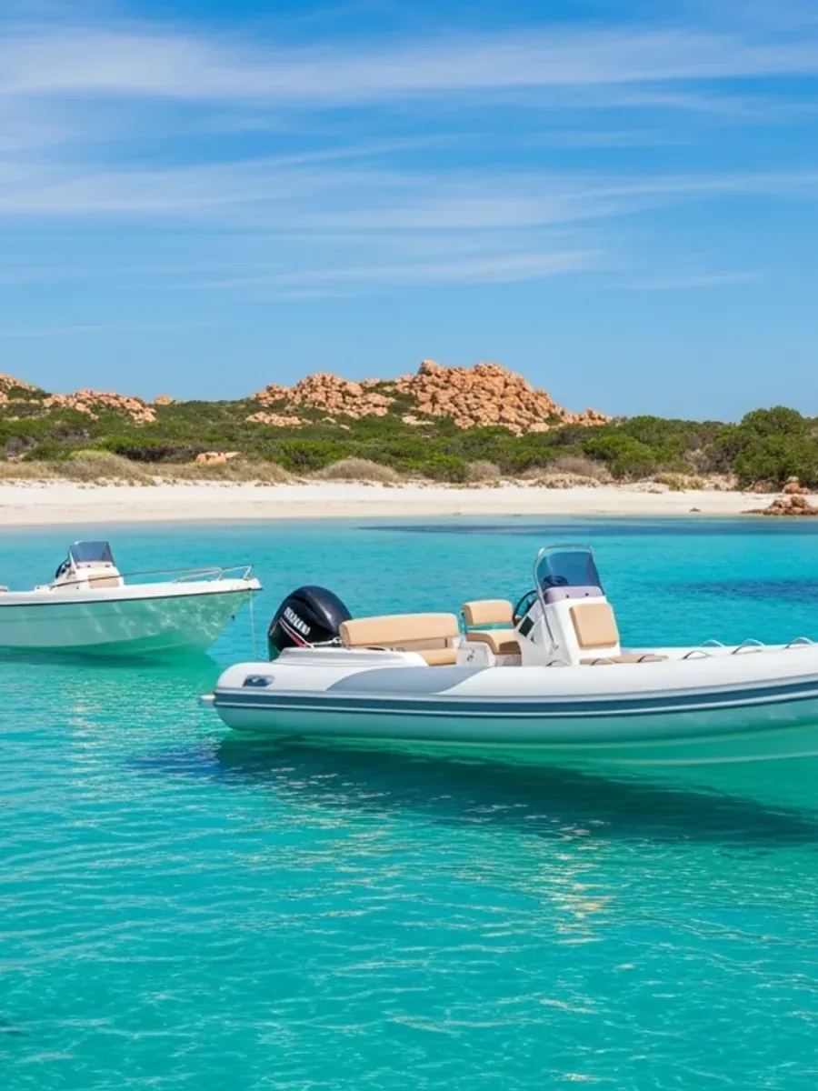 A dinghy and motorboat anchored in the turquoise water of the La Maddalena archipelago near Palau, Sardinia